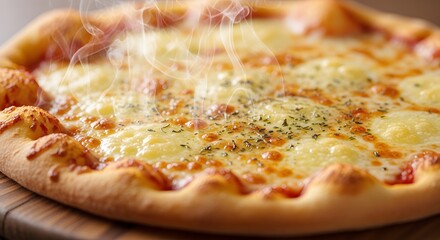 Delicious hot cheese pizza with steam rising, close-up on a wooden board, perfect for food blogs and menus