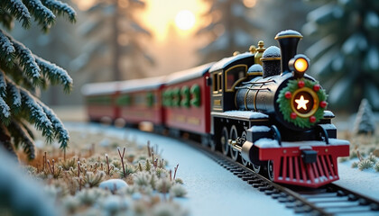 Vintage Christmas train traveling through snowy forest at sunset  