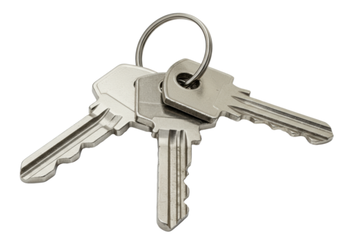 Three modern silver metallic house keys with different textures on a chrome ring, isolated on a transparent background concept of home ownership and security