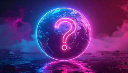Neon question mark hovers over a glowing world globe, set against a surreal, atmospheric, terrain background