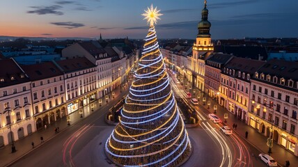 Grand christmas tree glowing brightly amidst historic architecture and city lights during holiday season