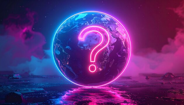 Neon question mark hovers over a glowing world globe, set against a surreal, atmospheric, terrain background - Powered by Adobe