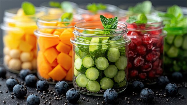 A close-up shot of several glass jars filled with colorful preserved fruits and vegetables, including sliced cucumbers, cranberries, and chopped orange and yell - Powered by Adobe