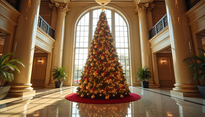 Christmas tree decorated with ornaments in elegant hotel lobby  