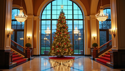 Christmas tree decorated with ornaments in lobby with large windows  