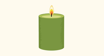 A single green pillar candle with a burning flame, isolated vector illustration representing relaxation, aromatherapy, and spa treatment