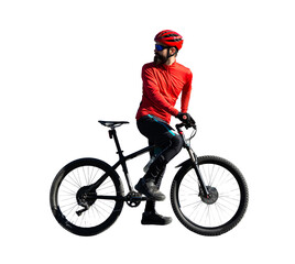 Fototapeta premium Cyclist riding bicycle on road against clear sky. A man in an outfit stands with a bicycle on an autumn sunny day.