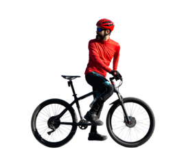 Cyclist riding bicycle on road against clear sky. A man in an outfit stands with a bicycle on an autumn sunny day.