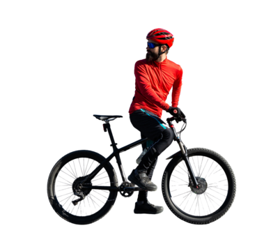 Cyclist riding bicycle on road against clear sky. A man in an outfit stands with a bicycle on an autumn sunny day.