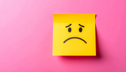 Yellow sticky note with hand-drawn sad emoji face on pink background. Emotional expression