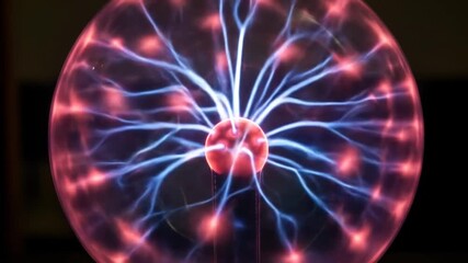 Captivating plasma ball display showing vibrant blue and pink electrical discharges radiating from a central sphere against a dark background - Powered by Adobe