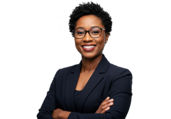 Smiling black woman in glasses and suit isolated on transparent background