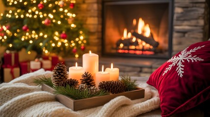 Cozy christmas scene with glowing candles, pinecones, and a decorated tree by a warm fireplace
