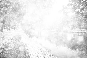 snowfall in the park, snowflakes on the background of branches, heavy thick snowfall abstract...