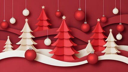 Festive paper cut christmas trees and hanging ornaments in red and white, creating a joyful holiday scene