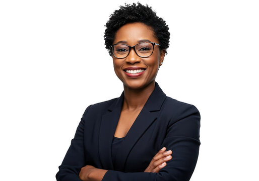 Smiling black woman in glasses and suit isolated on transparent background