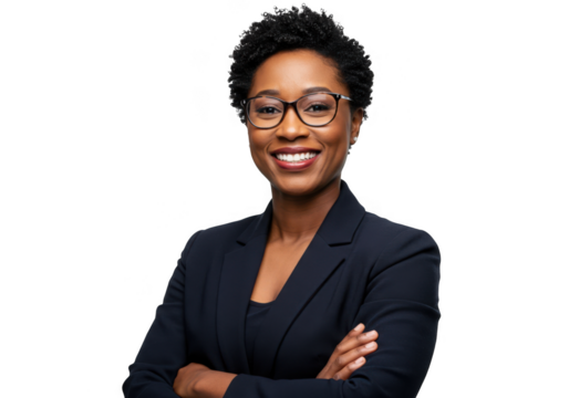 Smiling black woman in glasses and suit isolated on transparent background