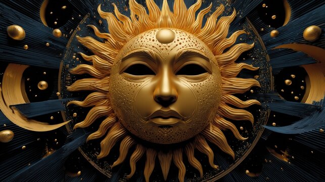 An impressive golden sun face sculpture, radiating with intricate details, embodying warmth and vitality while reflecting deep cultural symbolism and artistic creativity.