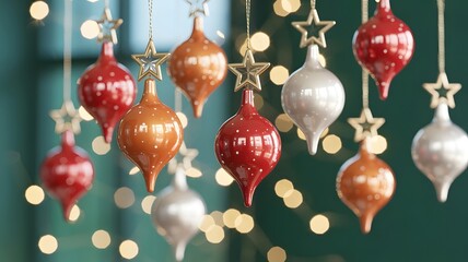 Closeup of festive christmas ornaments in red, orange, and silver with star details and bokeh lights