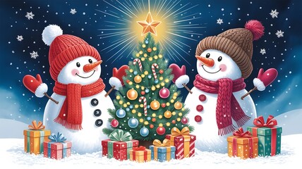 Two cheerful snowmen celebrate christmas with a beautifully decorated tree and colorful gifts under a starry winter sky