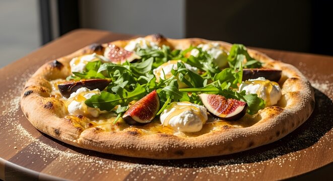 Gourmet artisan pizza with fresh figs, creamy burrata cheese, arugula, and a honey drizzle on a rustic wooden peel