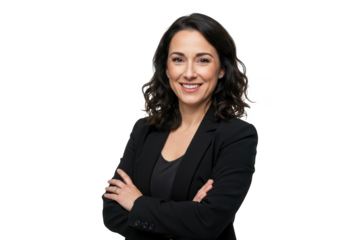 Confident woman professional headshot smiling with arms crossed transparent background