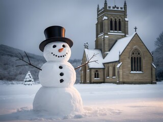 Classic snowman with a top hat and stick arms in a winter landscape featuring a traditional church and snow