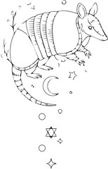 Cute armadillo line art with celestial moon and stars, isolated on white background
A charming black and white line art illustration features a whimsical armadillo surrounded by a crescent moon, stars
