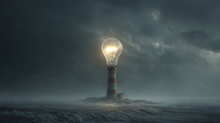 A lighthouse shining a giant light bulb into the stormy night