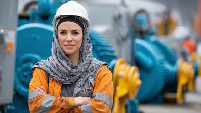 Empowered Professional: Confident female engineer, donned in protective gear and a hijab, exudes competence and authority against a backdrop of industrial machinery. 