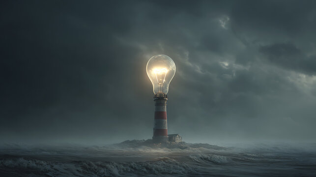 A lighthouse shining a giant light bulb into the stormy night