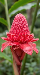Exotic bloom an etlingera elatior flower showing vivid red petals amidst verdant foliage
