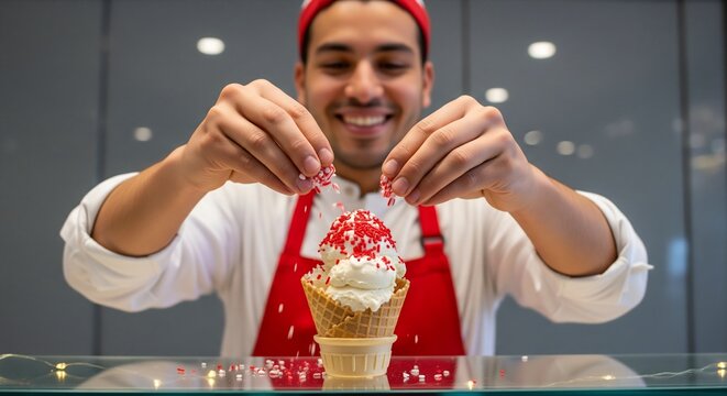 Smiling vendor sprinkling red candy sprinkles onto a vanilla ice cream cone.