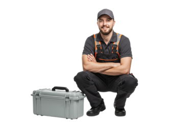 Young caucasian male technician in overalls squatting confidently with an equipment case on a white background with copy space, concept of professional technical service
