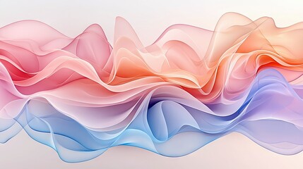 Abstract flowing waves of translucent material in shades of pink, orange, and blue, creating a soft, ethereal effect with gentle light.