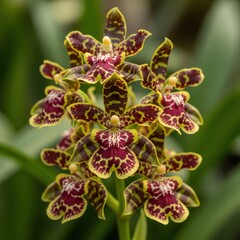 Exotic orchid blossoms in a vibrant tapestry of crimson splashes and golden edges revealing an