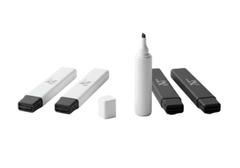 A minimalist lineup of five monochrome square-bodied markers on a transparent background with sharp shadows, one is uncapped. High-end stationery design concept