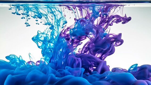 Vibrant Blue and Purple Ink Swirling in Water Creating Abstract Patterns.