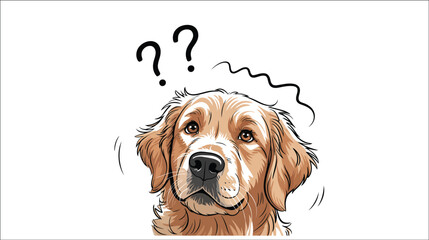 confused golden retriever puppy illustration with question marks above its head, expressing curiosity, uncertainty, and adorable confusion, perfect for educational designs, pet graphics, children’s bo