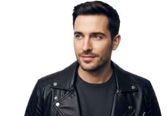 A man with short dark hair and a beard wearing a black leather jacket, actor, black, jacket, leather jacket, man, portrait, pose, wear 