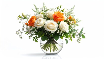 A bouquet of white and orange roses in a clear glass bowl