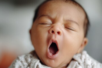 Adorable newborn baby yawning, expressing tiredness and needing sleep