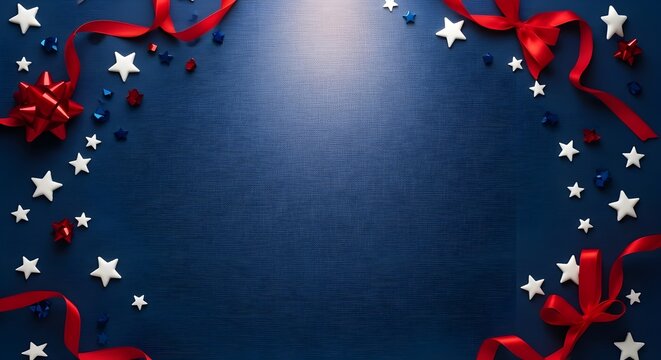 Festive blue background with red ribbons and white stars creating a vibrant border, perfect for patriotic celebrations, holidays, or special events, offering a joyful and decorative frame