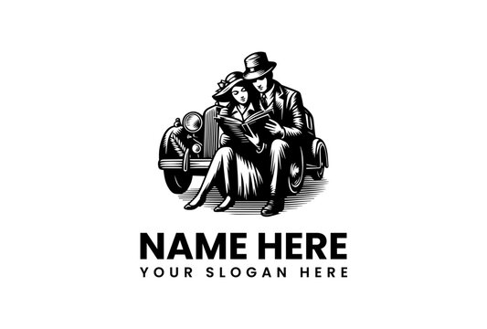 Vintage Couple Reading in Car Vector Logo Illustration with Customizable Text, 75