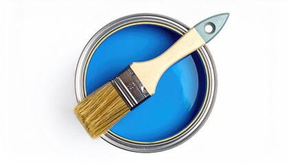 Metal paint can, vibrant blue paint, and paintbrush