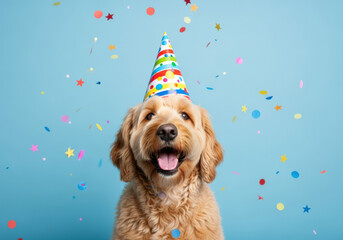 Happy dog wearing a party hat with colorful confetti on a blue background