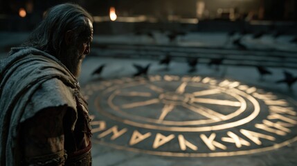 An elderly man reflects on a large ancient symbol in a dimly lit space, merging introspection with a sense of wisdom, revealing themes of knowledge, history, and the mystical.