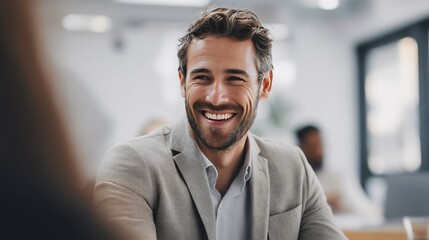 Obraz premium Smiling man participating in meeting while engaging with team in clean and professional space