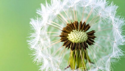 Obraz premium Close-up shows delicate dandelion seed head against soft green bokeh background. Airy and bright