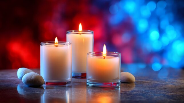 Honor and remembrance commemorative background featuring burning candles with red and blue colors